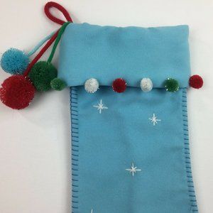 Light Blue Christmas Stocking Pom Poms Embroidered Stars Red Green White Tassel